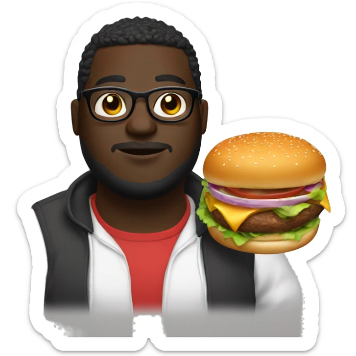 fat darkskin male with glasses with high top fade holding a burger and a skds sticker