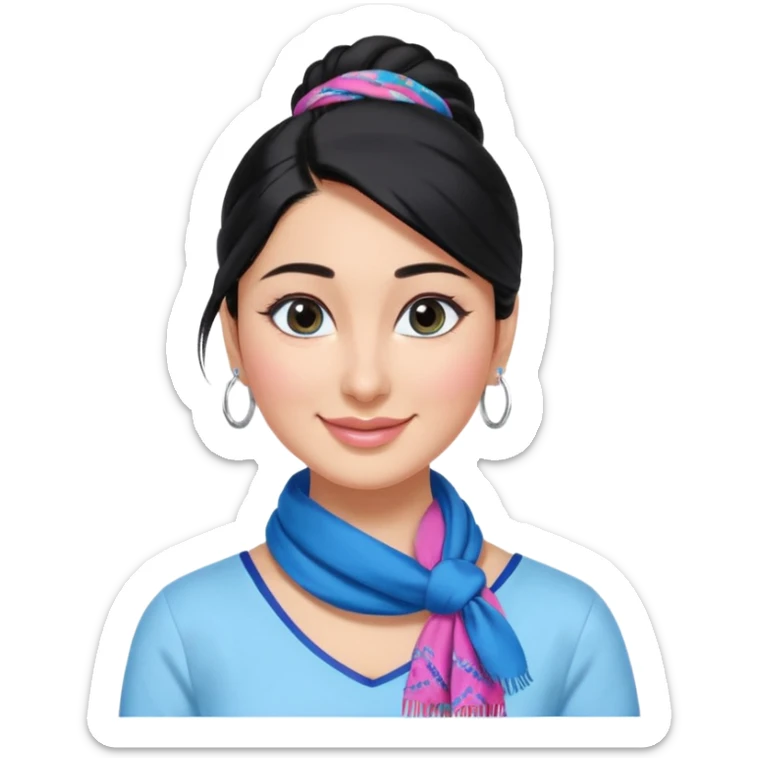 generate a pretty bratz emoji 
Make her wear a white shirt with a colorful blue-pink scarf wrapped around her neck. smiling big. Black hair tied into a side part ponytail, silver hoops and no necklace

She should look exactly  like Kareena Kapoor. kajal under eyes sticker