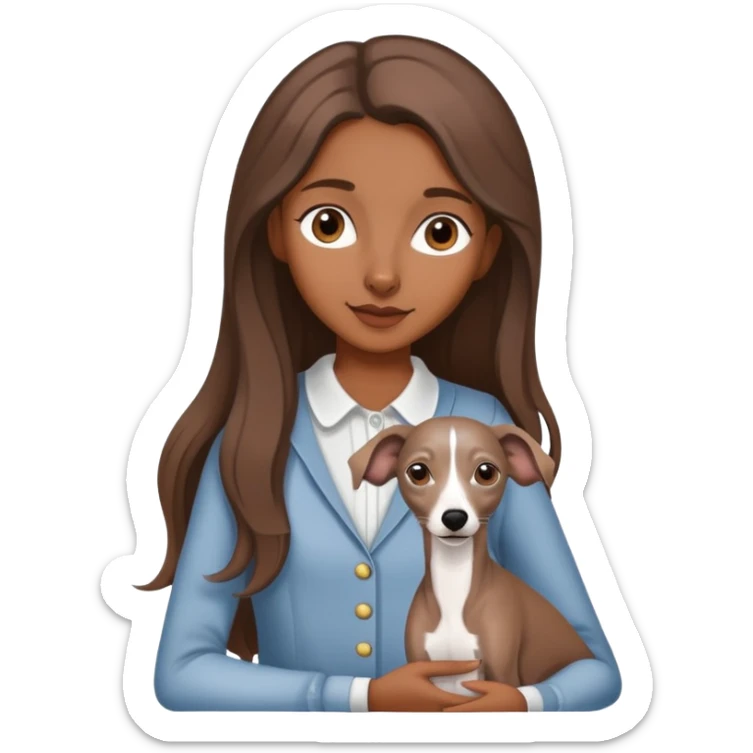 A girl with long brown hair holding a gray Italian Greyhound sticker