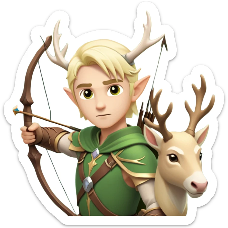 clash-of-clans-aesthetic-blond-male elf-archer-portrait-emoji, rendered in a flat, vector-style with minimal shading and bold holding his bow, simplified shapes, head tilted slightly forward with a determined, focused expression, riding a majestic white stag whose antlers glow with mystical energy, set against an ancient, enchanted forest backdrop. sticker