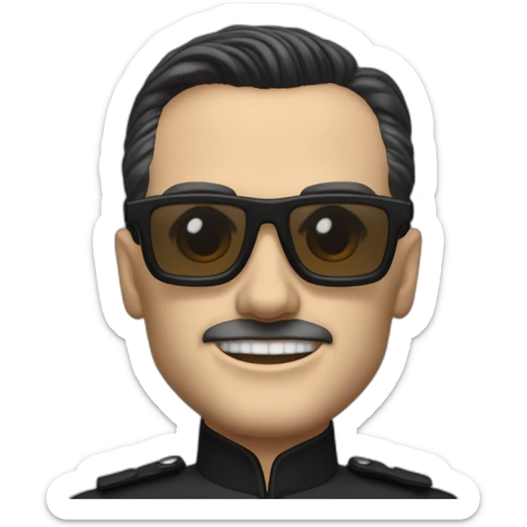 small photo realistic Ralf Hutter from Kraftwerk, short straight black hair, Dark Brown eyes, black glasses, thin, black shirt, side view, waving, riding open top black tesla sticker