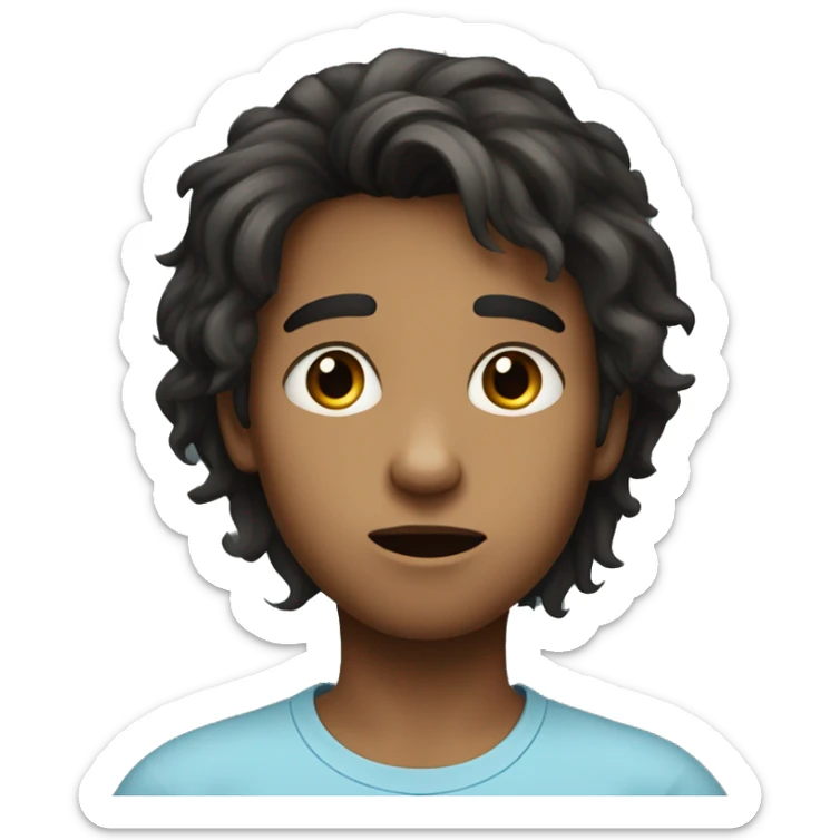 "Young person with medium-length, tousled dark hair, fair skin, and dark, expressive eyes looking slightly to the side. Wearing a light blue T-shirt with a slightly surprised or curious expression." sticker
