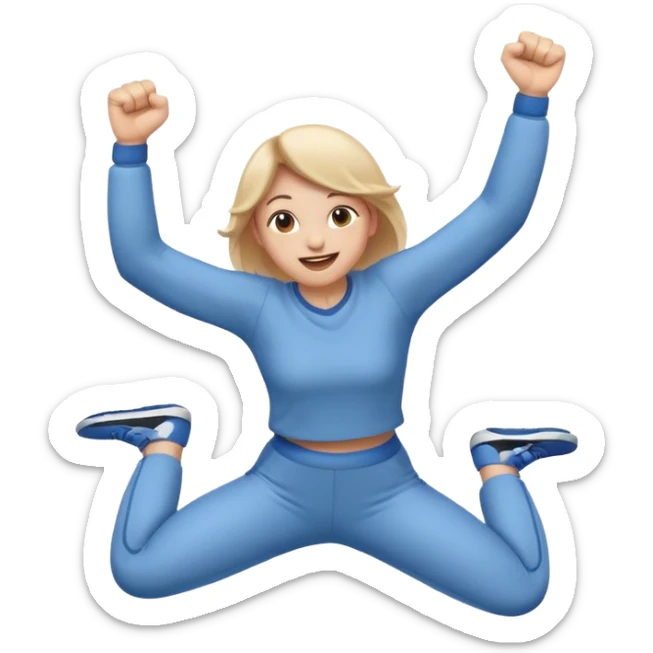Emoji-style person jumping with fist up, excited expression, rounded cute style, soft shading, sticker