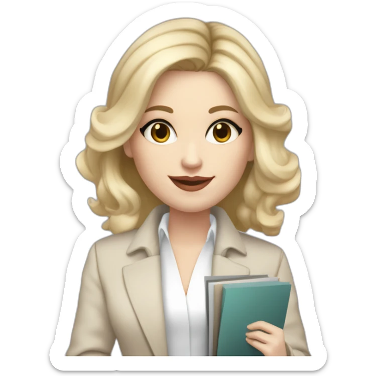 pale skin woman interior designer with cold blonde middle length hair, gray eyes, White oversize jacket, beige blouse, Gray skirt holding a color palette in the hands sticker