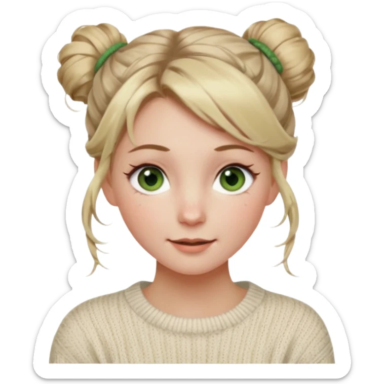 dirty blonde hazel  green eyes woman with a white cable knit sweater and one messy bun with tendrils of hair flowing down her face and she is happy pale, some freckles, blush. she has a cateye wing and long lashes sticker