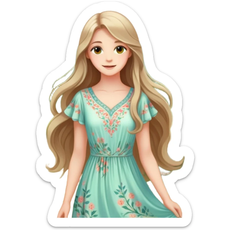 A beautiful young woman with long flowing hair, soft glowing skin, bright eyes, and a serene smile. She wears a delicate dress with floral patterns, standing in a peaceful garden with soft sunlight filtering through the trees sticker