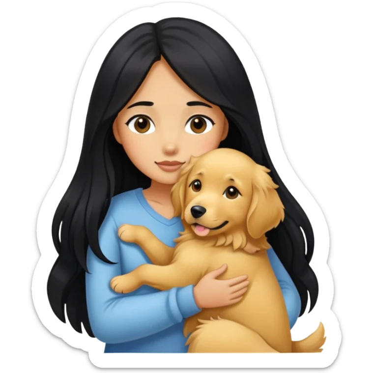 A girl with long black  hair tightly hugged a Golden Retriever sticker