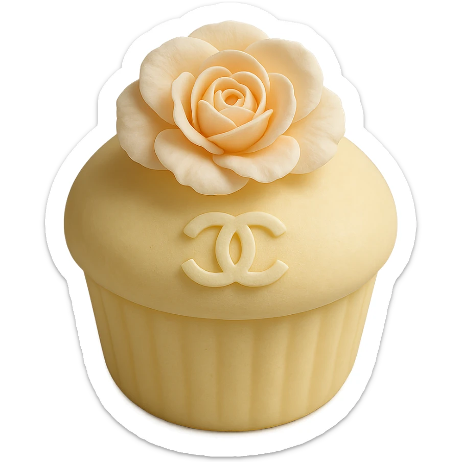 pastel yellow Chanel cupcake with a camellia flower and logo sticker