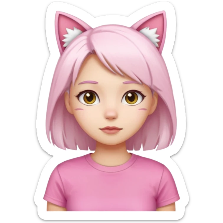 girl with white hair and cat ears wearing pink tshirt sticker