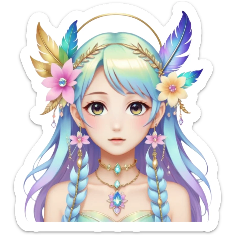 Beautiful gorgeous anime lady with beautiful iridescent-special-hair, fashion aesthetic, ethereal, fairycore, pastelcore, feather-ear-cuff, flower, crystals, accessories, jewelries, gold, colorful sticker