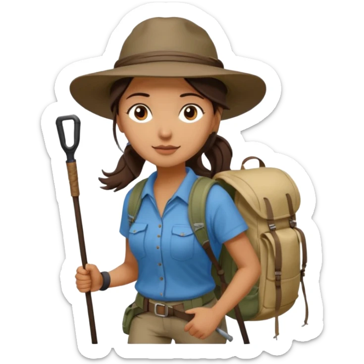 women, long dark brown hair in ponytail with wide brim hiking hat. Walking with backpack and trekking poles.  She is a pilgrim on the Camino Frances on her way to Santiago de Compostela sticker