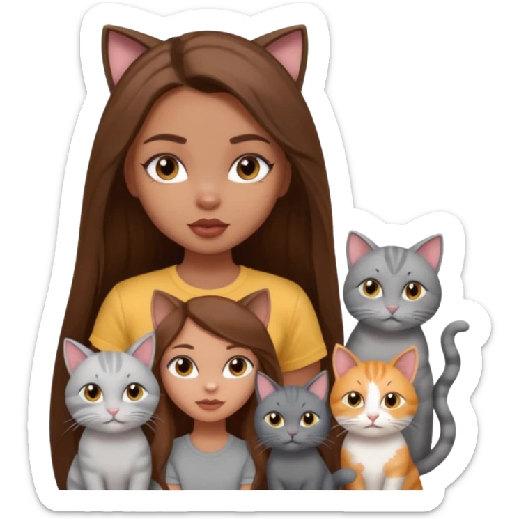 a pretty bratz dusky girl with long brown hair with four cats nd wearing a grey tshirt sticker