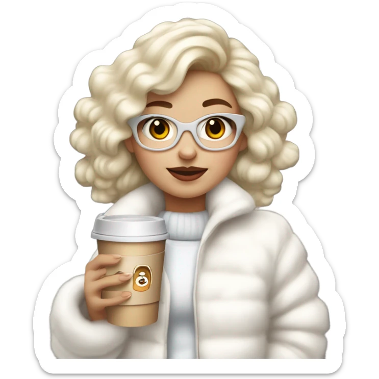 blonde girl wearing white fluffy jacket and a coffee to go in hand all dress white and a white bow on hair sticker