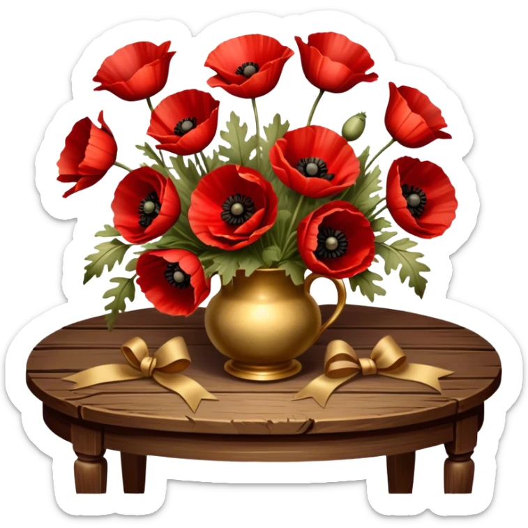 A lush bouquet of deep red poppies tied with a faded gold ribbon, resting on an antique wooden table. Warm brown leaves and golden sunlight add a vintage charm. sticker