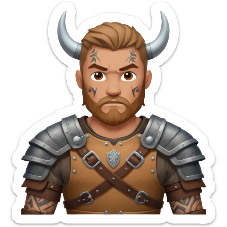 A rugged Viking man with tattooed arms, leather armor, and intense eyes ready for battle.
 sticker