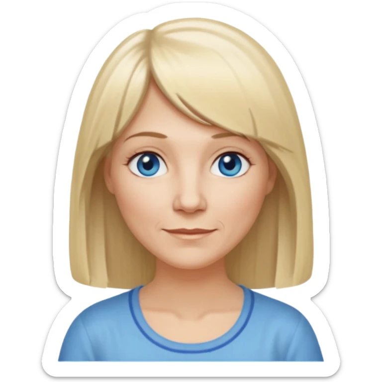 50 yr old white woman, hippie part short bangs, very long straight blond hair, oval face, small smile, blue eyes, thin face, hair downback, hair parted at center of head, round cheeks, pale, longer hair, white shirt sticker