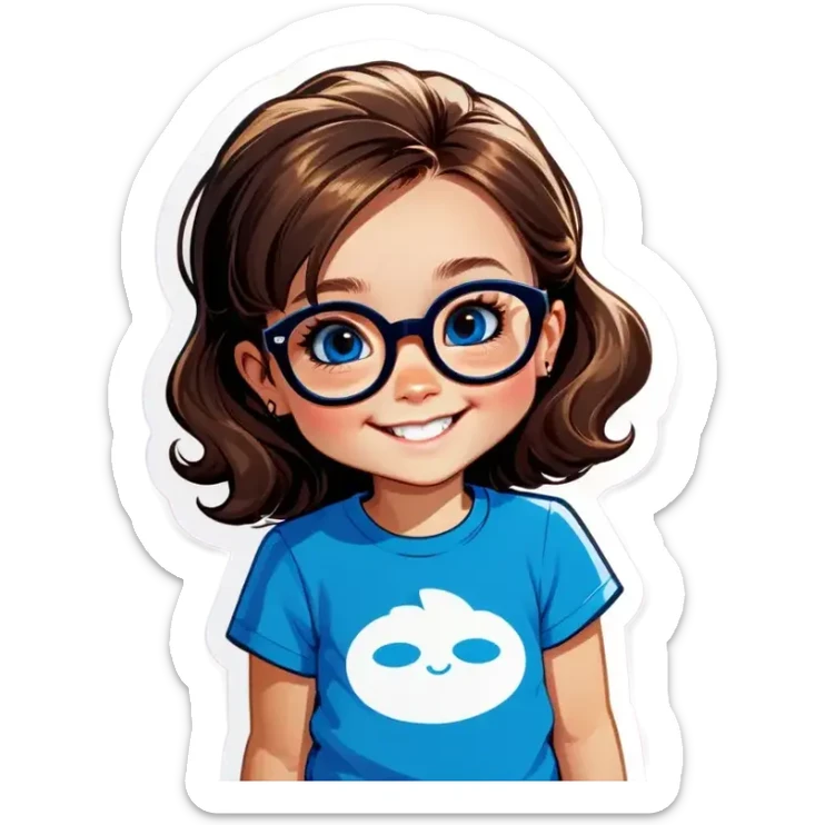 Little Girl, white skin, bronze hair smile tutor black frame glasses, bright blue t shirt sticker