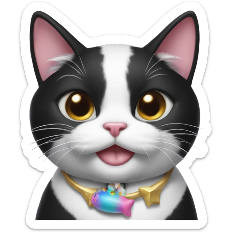 Black and white tuxedo cat with a unicorn toy in her mouth sticker