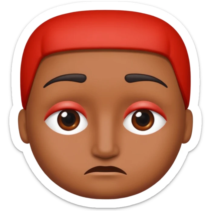 Una figura roja con cabeza cuadrada y cuerpo de rectángulos con cara con dos ojos negros como puntos y cejas preocupadas sin boca y que tenga como una especie de polvo café en la cabeza sticker