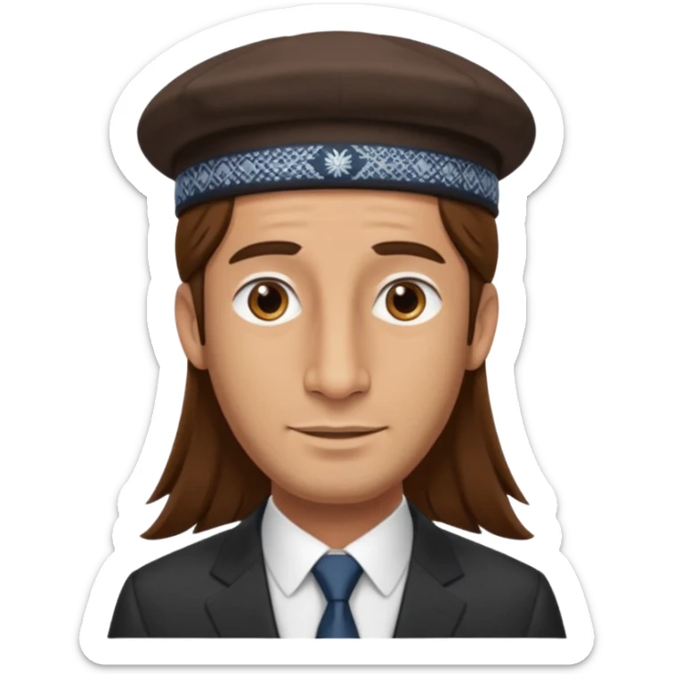 Man with a long nose wearing a suit and kippah, he has long brown hair with a payot sticker