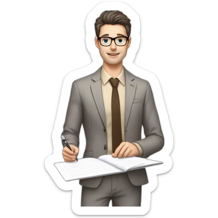 Pale skinned fit man with dark brown hair in gray jacket, beige office shirt, brown tie, brown pants and vintage glasses Writing text on a flipchart sticker