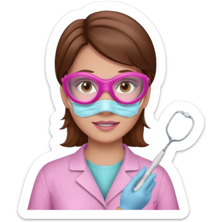 Dentista mujer con mascarilla rosada, cabellos marron, piel blanca, camisa rosada, ojos marrones sticker