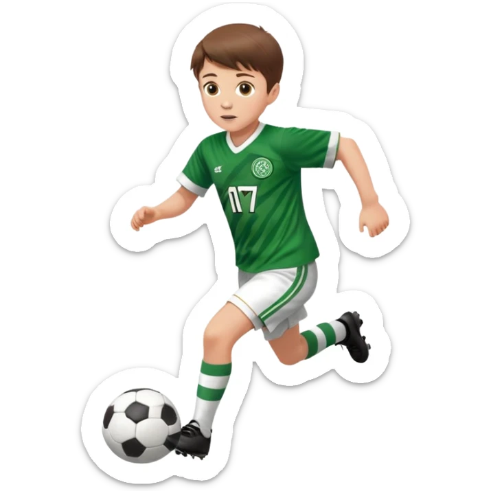Celtic footballer jersey logo  6 years old brown hair white boy , brown eyes , stripes uniform , RUNNING  with soccer ball is number  17 celtic football logo  ONE CELTIC LOGO ONLY white shorts sticker