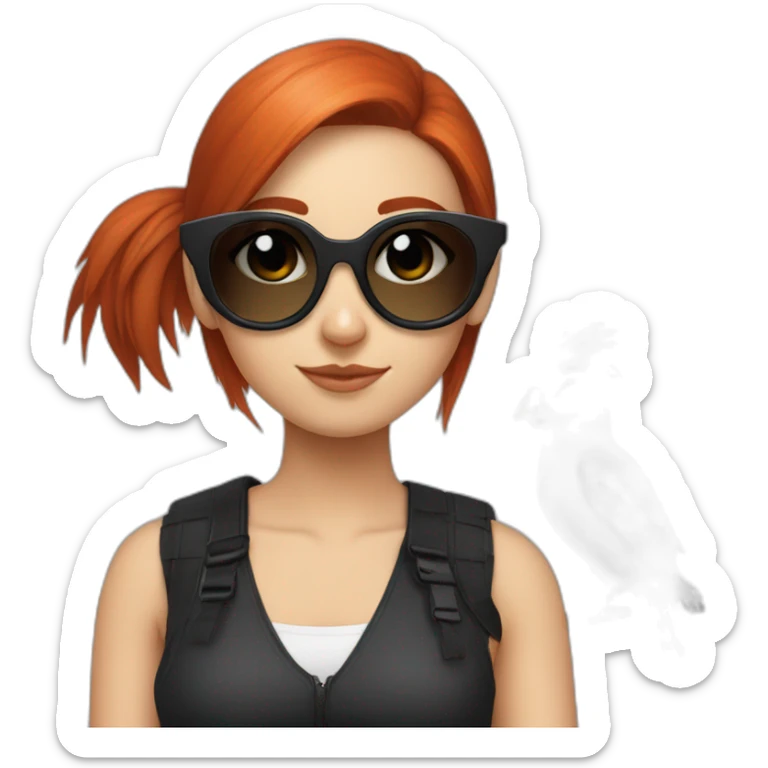 Bad Redhead girl bun Sun glass bun and wearing black with a cockatiel in the shoulder sticker