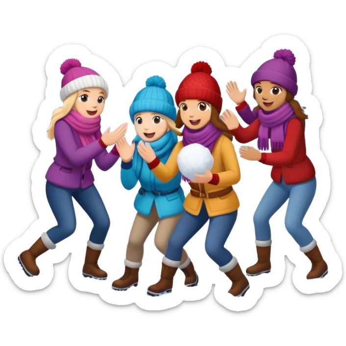 a group of friends having a snowball fight, winter hats and scarves, playful sticker
