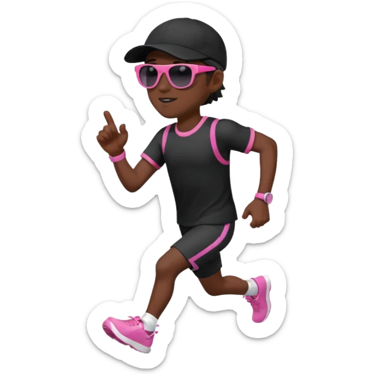Un uomo che corre vestito completamente di nero, con un cappellino nero, occhiali da sole da bambino rosa sticker