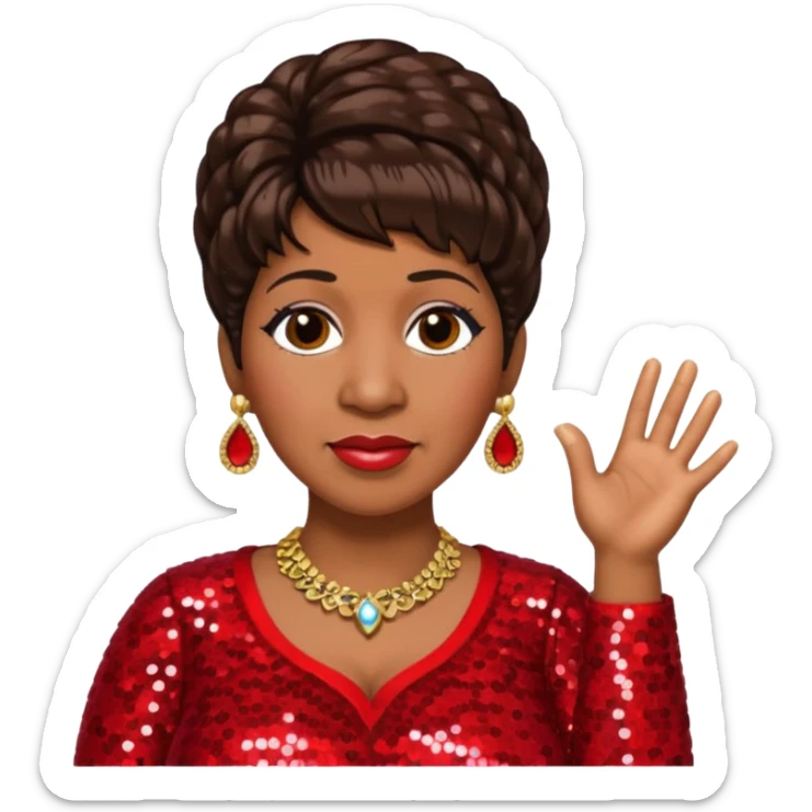 Aretha Franklin with dark brown hair, red sequin outfit sticker