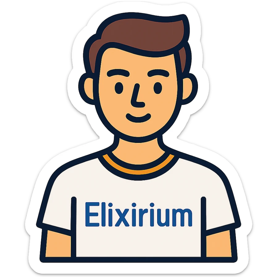 young man wearing white t-shirt with the word 'Elixirium' written on the t-shirt, colorful outline icon style sticker