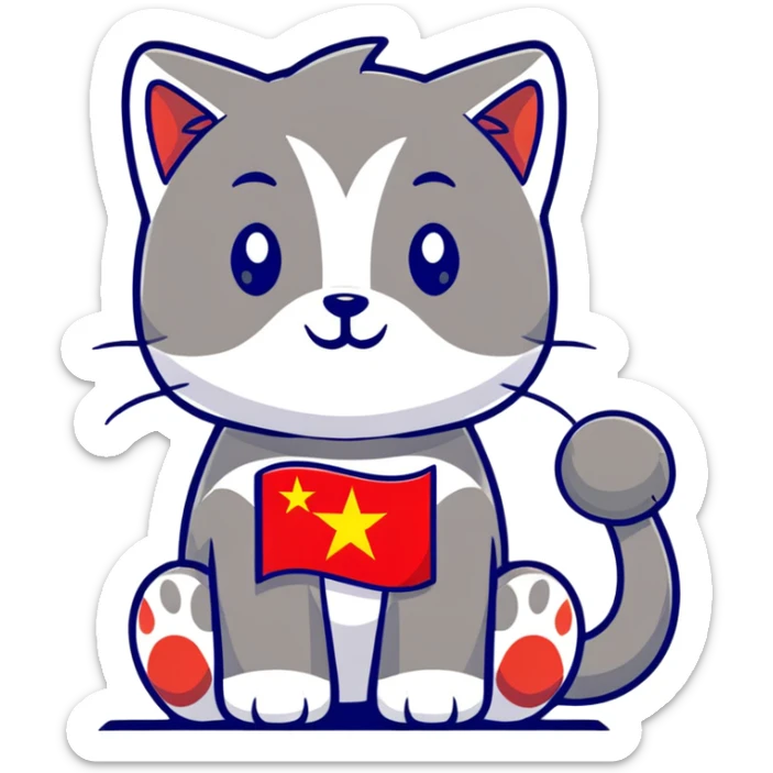cat, dog, wolf, Vietnam flag, tree, elephant, and a glass all together in cartoonish sticker style sticker