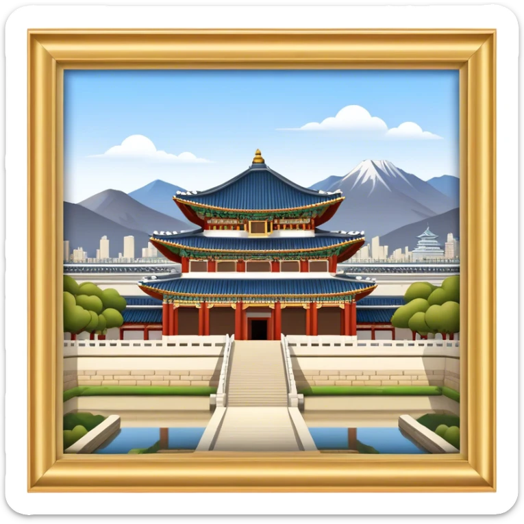 Cinematic Realistic Gyeongbokgung Palace Landmark Emoji, depicted with regal historic architecture rendered with intricate detail and majestic, dynamic lighting. sticker