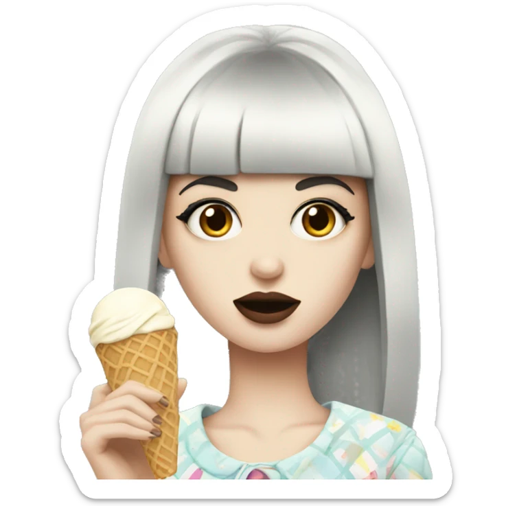 Portrait chanel clothes Girl pale skin with long black  bangs eating icecream  sticker