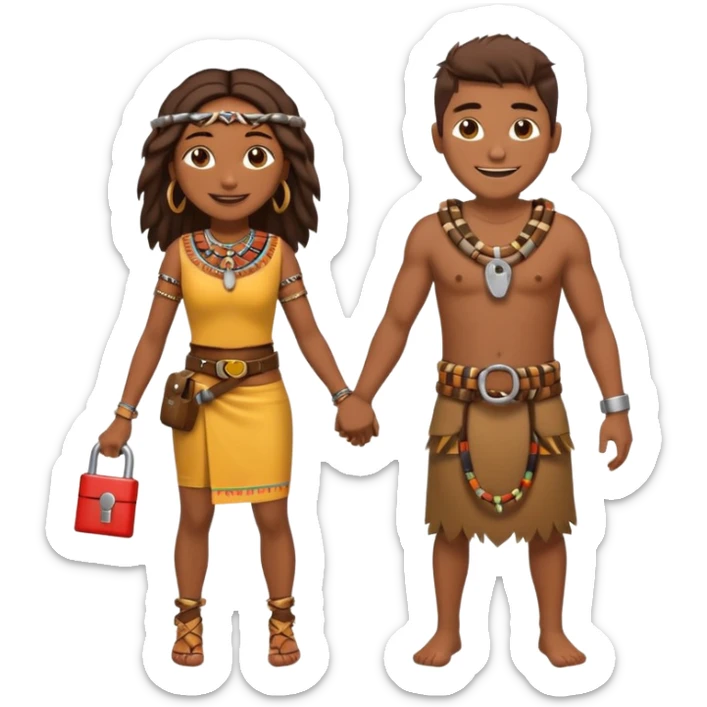 A happy tribal man holding hands with a happy tribal woman wearing a belt with a padlock sticker