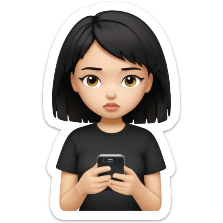generate a pretty bratz girl with short black very messy hair, looking tired and using her phone, wearing an oversized black tshirt sticker
