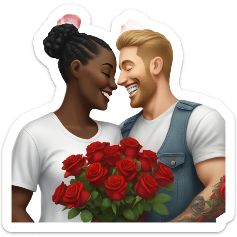 Hyper Realistic beautiful woman smells bouquet of bright red roses laughing with handsome tattooed man  sticker