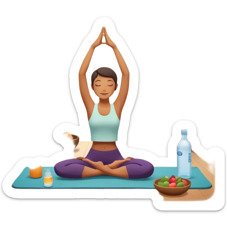 A person moves through a gentle yoga pose in the morning sun, one hand reaching up, the other near a plate of vibrant whole foods and a bottle of water. A cozy bed sits behind them, glowing softly. Nearby, a small group of friends laughs together under a tree—health, movement, nourishment, rest,  sticker