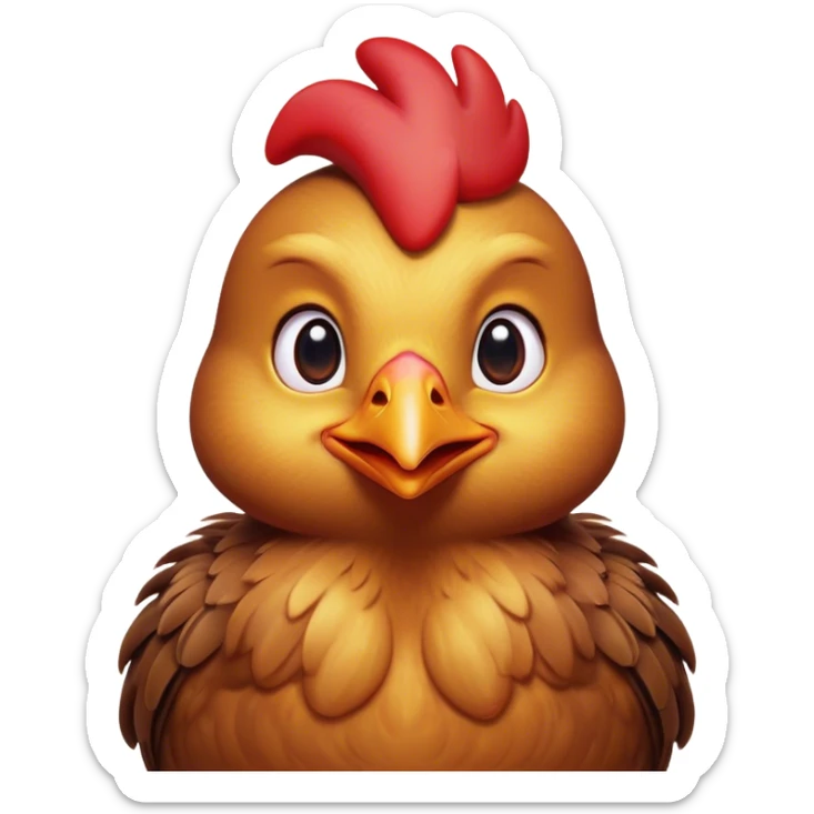 Cinematic Cute Brown Chicken Portrait Emoji, Head tilted playfully and inquisitively, featuring a lustrous brown feathered coat with a natural sheen and a subtle red comb, round, sparkling beady eyes filled with curiosity, Simplified yet irresistibly adorable features, highly detailed, glowing with a warm, friendly glow, high shine, affectionate and lively, stylized with a touch of country charm, bright and endearing, soft glowing outline, capturing the essence of a mischievous yet loving chicken, so playful it feels like it could peck out of the screen and into your arms! sticker