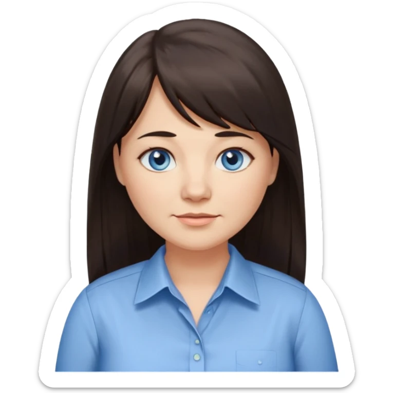 40 yr old woman, blue eyes, long straight dark brown hair, business shirt, chubby, bangs, long hair, tired, small smile sticker
