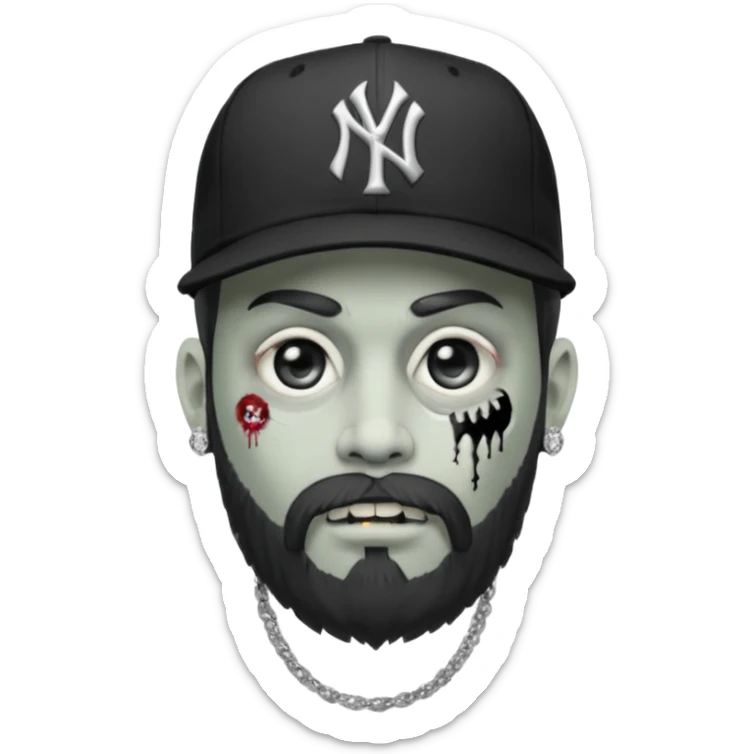 Hazme un zombie con barba en la barbilla el emoji que esté en blanco y negro osea la foto que tenga aretes pequeños una gorra volteada de los new York yankee y una cadena de diamantes que diga W sticker