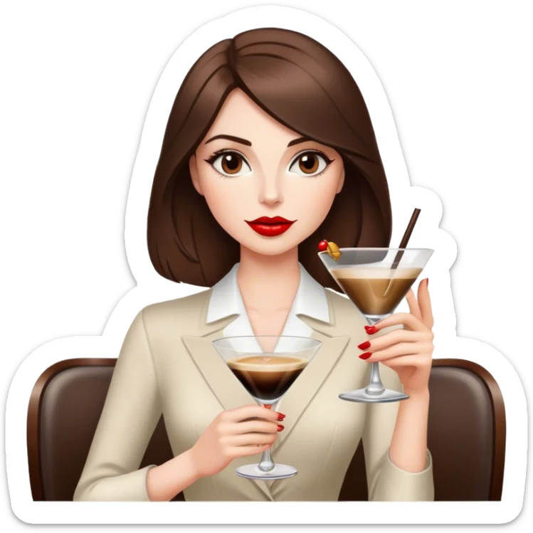 busty white girl with red lips and shoulder length brunette hair holding an espresso martini  sticker