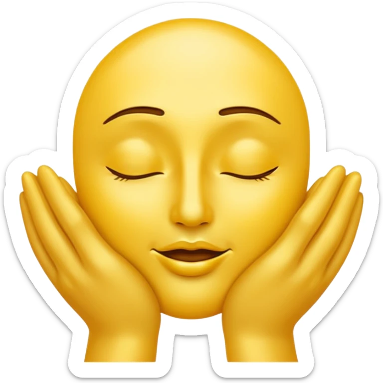 classic yellow emoji face, eyes half-closed, kissing its own radiant golden hands with pride and warmth, hands glowing symbolizing extraordinary skill, clean bold lines, smooth shading, high-contrast, minimal details, transparent background, emoji style sticker