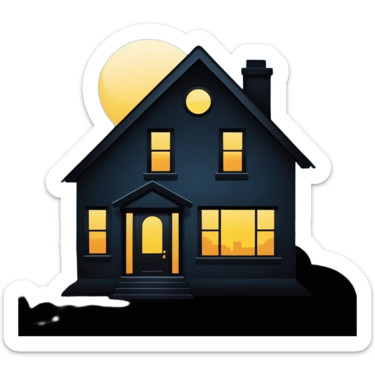 Minimalist emoji-style sticker of a house silhouette at night with a single lit window, and an eye visible inside. Flat, dark, quiet style.
 sticker