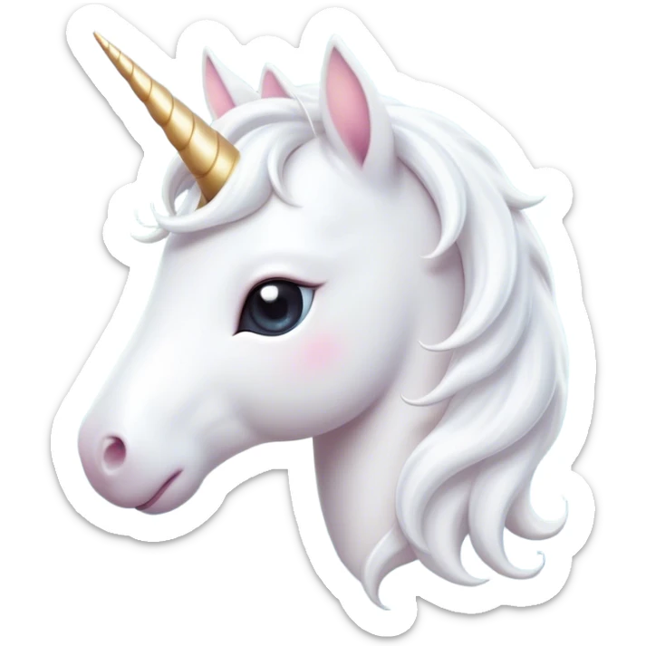 Cinematic Cute White Unicorn Portrait Emoji, Head tilted playfully and inquisitively, featuring a charming, petite form with a silky white color, a delicately flowing mane and tail, and a tiny, sparkling horn, with large, dreamy eyes full of wonder, Simplified yet irresistibly adorable features, highly detailed, glowing with a warm, enchanting glow, high shine, affectionate and lively, stylized with a touch of fairy-tale whimsy, soft glowing outline, capturing the essence of a mischievous yet endearing white unicorn that seems as if it could gallop out of the screen into your heart! sticker