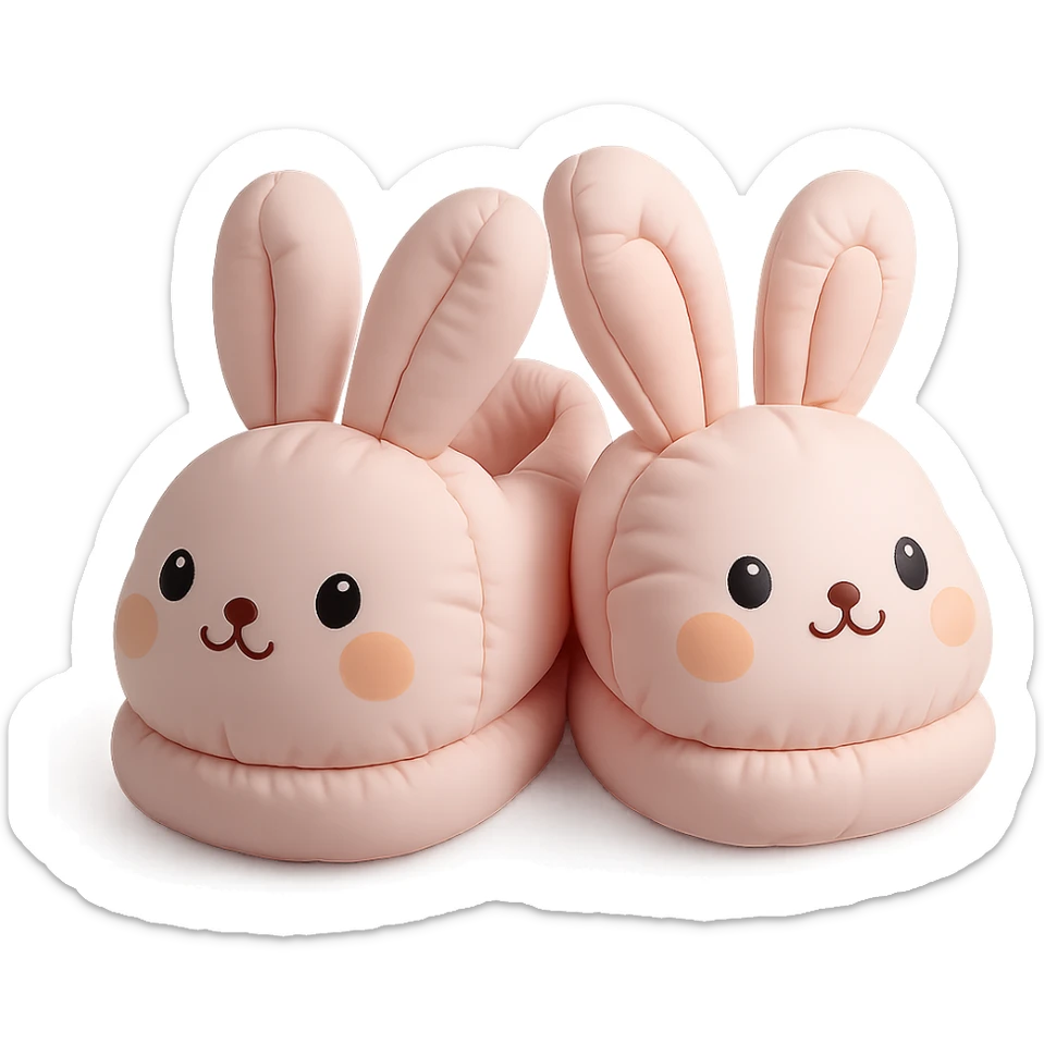 illustration of bunny slippers, soft and plush, pastel colors, cute faces, cushion style sticker