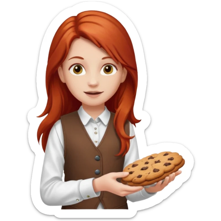 white girl scout with red long hair selling cookies with a brown vest and white shirt under vest. She should be around 10 years old sticker