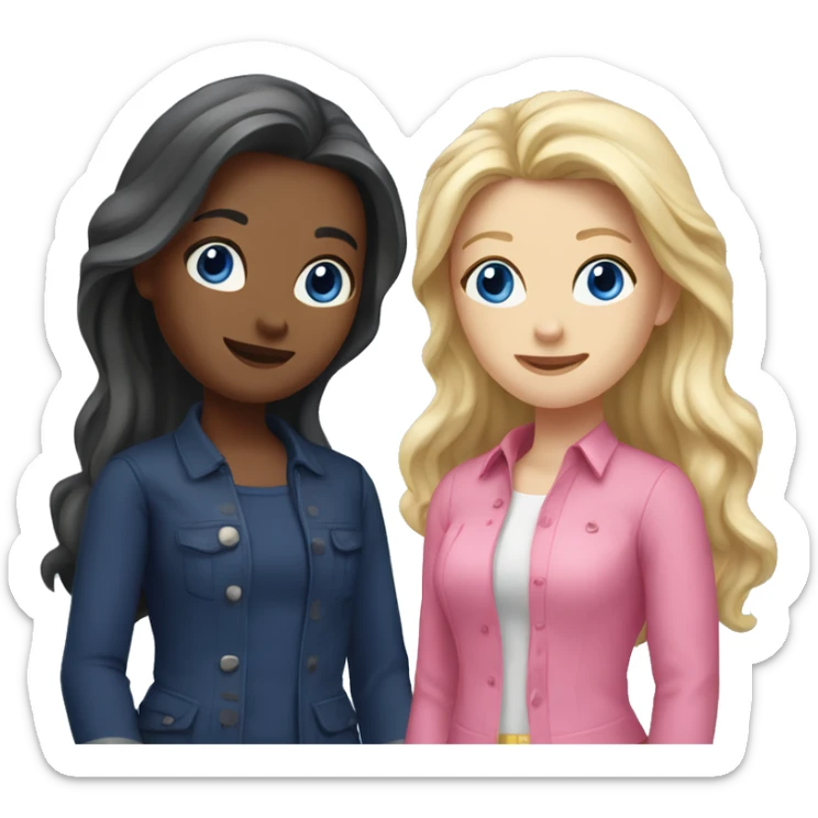two girls best friends stand for a photo, one brunette with long hair, blue eyes in pink clothes, the second blonde with gray eyes long hair in navy blue clothes sticker