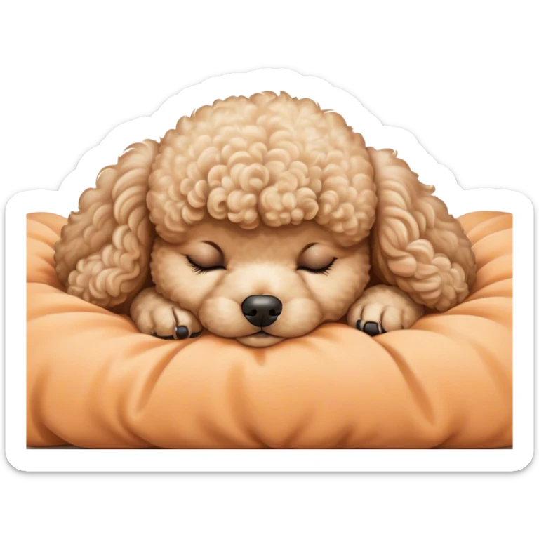 Meme-Worthy Cute Sleeping Apricot Poodle Portrait Emoji, Head resting peacefully with a contented smile, showcasing a delightfully elegant build and a luxuriously soft, curly apricot Fur, eyes shut in a serene nap, Simplified yet hilariously adorable features, highly detailed, glowing with a soft, drowsy light, high shine, relaxed and utterly lovable, stylized with an air of playful laziness, bright and heartwarming, soft glowing outline, capturing the essence of a comically sleepy companion, so meme-worthy it feels like it could instantly become the next viral sensation of adorable slumber! sticker